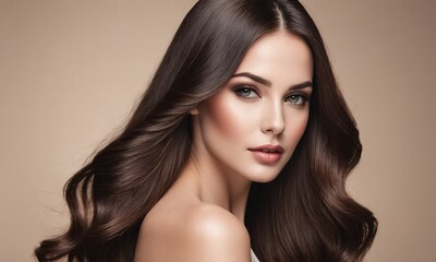 Fototapeta premium Beautiful brunette woman with long smooth hair beauty hairstyle female portrait