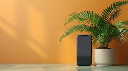 Fototapeta premium Modern Smartphone with Green Plant on Yellow Background - Generative AI