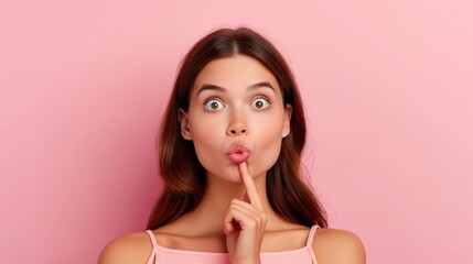 A woman with long brown hair is looking at the camera with her mouth open and her hands covering her face. Close-up portrait of her she is a cute attractive charming girly funny insecure woman