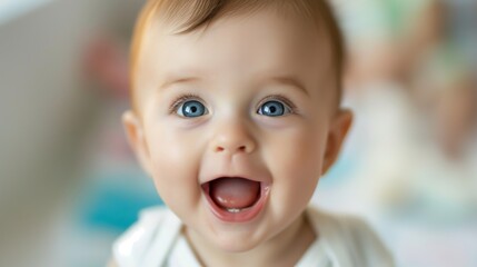 A baby with blue eyes is smiling and has a toothless grin. The baby is wearing a white outfit and is looking at the camera