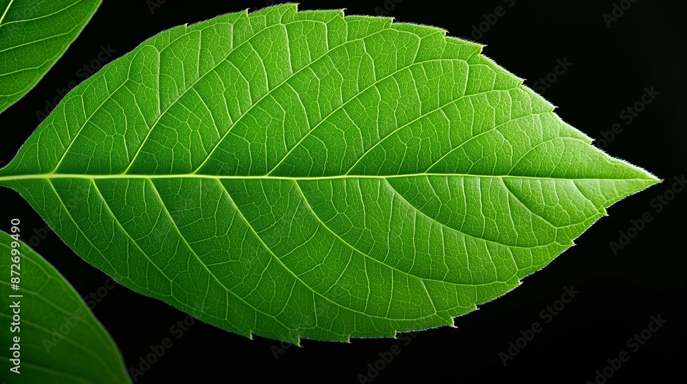 Poster a leaf is shown in a close up on a black background. the leaf is green and has a pointed tip