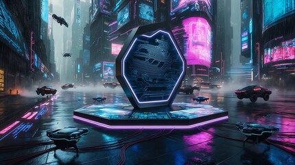 Augmented Reality Product Stand in High-Tech Metropolis. Virtual. Showcase. Futuristic. City. Technology