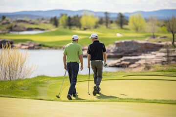Men leisurely playing golf on a bright sunny day at the golf course for a relaxing game