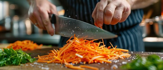 Closeup of a celebrity chefs precise knife skills as they julienne carrots for a live streamed cooking tutorial