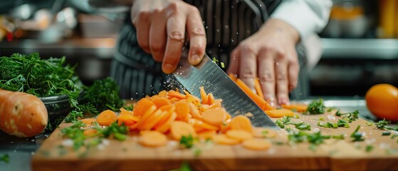 Closeup of a celebrity chefs precise knife skills as they julienne carrots for a live streamed cooking tutorial