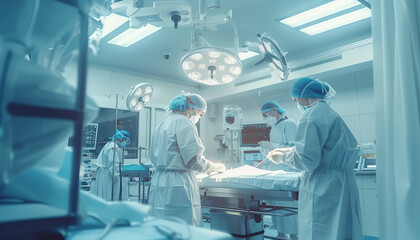 Chirurgien,  médecin, docteur et équipe médicale en train de préparer une opération d'un patient malade dans la salle d'opération d'un hôpital ou d'une clinique en soin intensif
