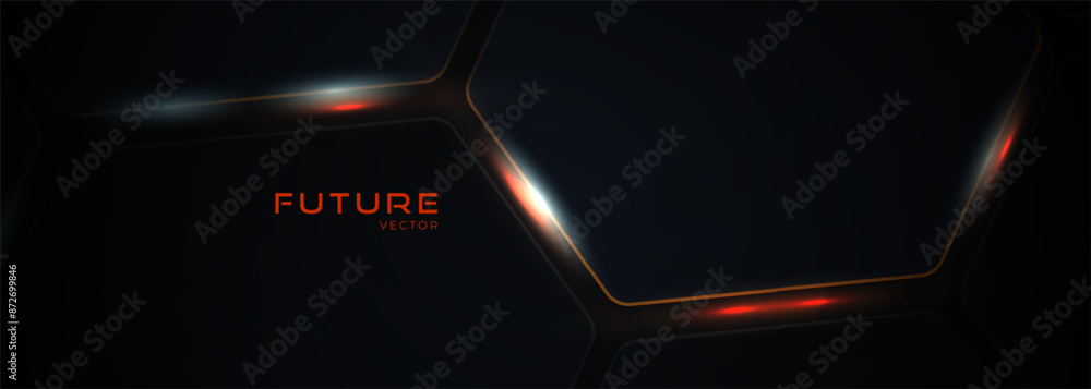 Aufkleber Dark hexagon abstract technology background with orange and white colored bright flashes under hexagon. Hexagonal gaming vector abstract tech futuristic wide banner.