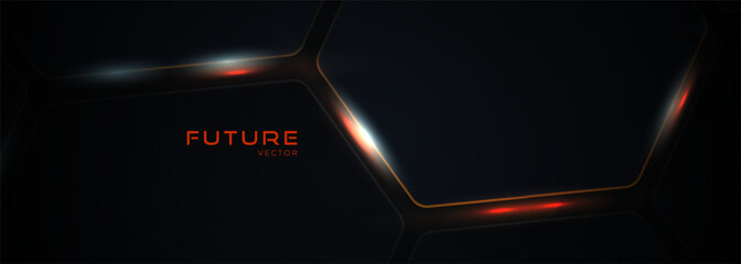 Dark hexagon abstract technology background with orange and white colored bright flashes under hexagon. Hexagonal gaming vector abstract tech futuristic wide banner. © Biod