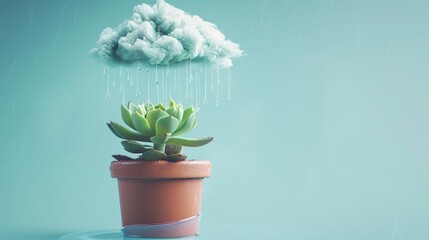 A small potted succulent, floating in the air with a rain cloud above it, pouring on the plant