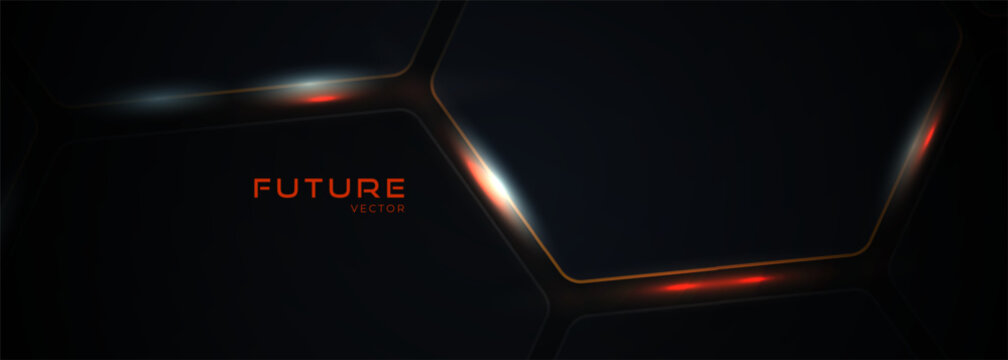 Dark hexagon abstract technology background with orange and white colored bright flashes under hexagon. Hexagonal gaming vector abstract tech futuristic wide banner.