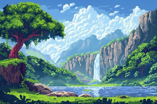 Pixelated Waterfall Landscape