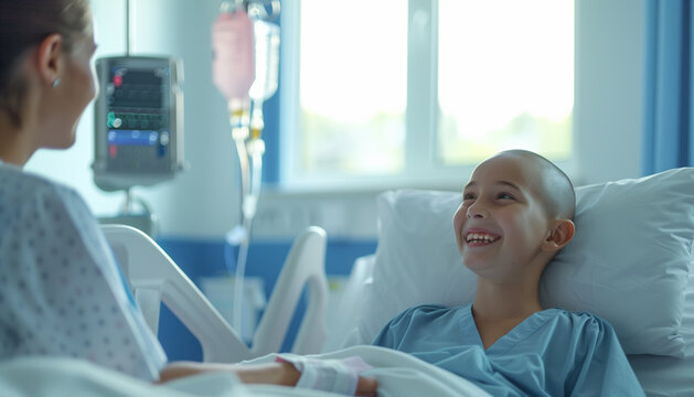 Patient jeune enfant malade chauve dans un lit d'h&ocirc;pital souriant &agrave; une infirmi&egrave;re bienveillante