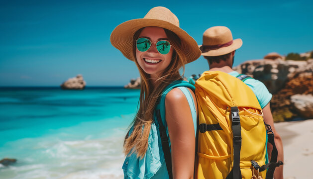Belle jeune femme branch&eacute; avec un chapeau de paille en vacances avec son amoureux au bord de la mer sur une plage paradisiaque