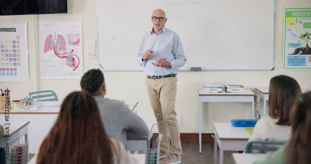 Poster teacher, man and education for science in classroom with biology knowledge, lecture or guidance on p