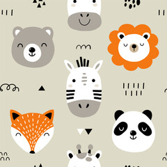 Seamless childish pattern with cute animal faces. Creative kids forest texture for fabric, wrapping, textile, wallpaper, apparel. Vector illustration
