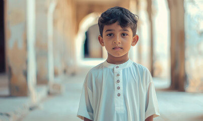 Fototapeta premium little muslim boy praying at mosque