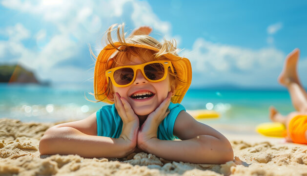 Enfant heureux et souriant avec un chapeau en paille en vacances qui joue au bord de la mer