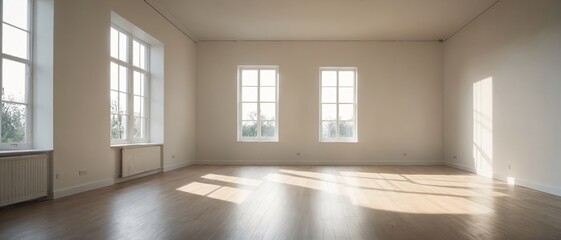 Obraz premium An empty, bright room with large windows and wooden flooring, filled with natural light, suitable for real estate, interior design, photography,