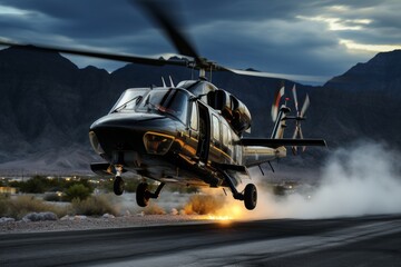 Naklejka premium Helicopter gracefully ascends from the airport runway in preparation for takeoff