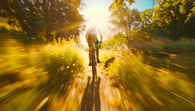 Sportif cycliste en v&eacute;lo qui se prom&egrave;ne dans la nature et dans les chemins avec un effet de mouvement  et de vitesse