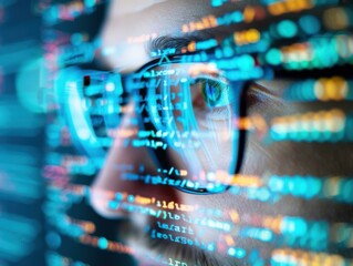 A close-up of a person wearing glasses with reflections of colorful code on the lenses, showcasing intense focus in a high-tech environment.