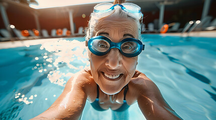 Naklejka premium Joyful Elderly Woman Diving into a Swimming Pool with a Smile.