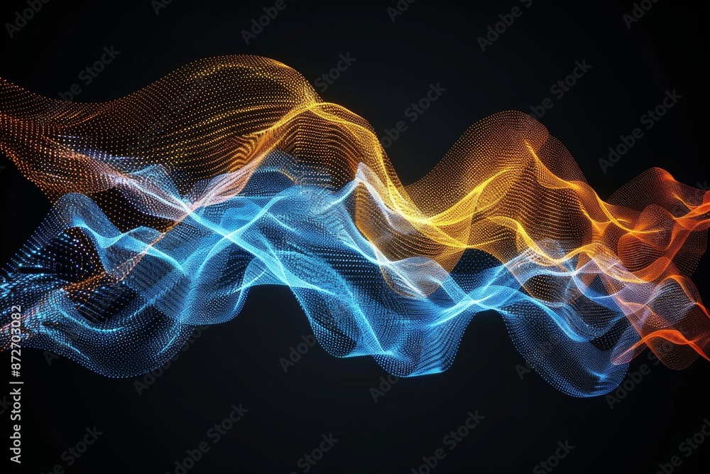 Poster dynamic 3d rendered abstract lines in blue and white hues creating a sense of movement and fluidity 