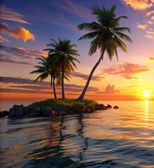 Tropical sunset with palm trees by the beach