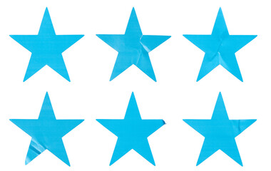 A set of blue star shape paper sticker label isolated on white background.	
