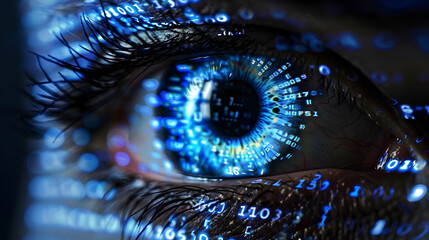 Naklejka premium Close-up of a human eye with digital and cybersecurity elements, representing technology, data protection, and cyber intelligence.