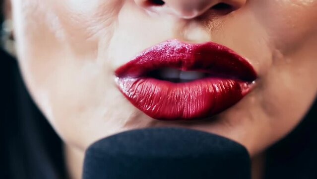 Close-up of female lips speaking into a microphone
