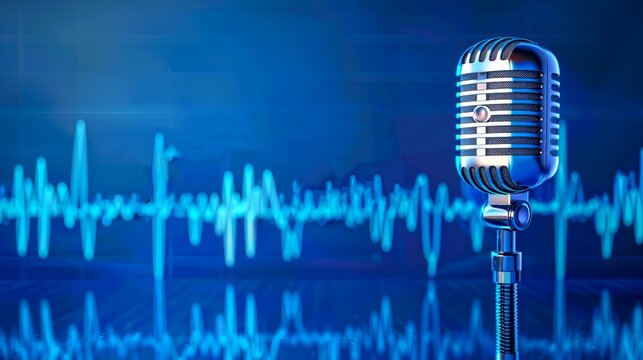 Vintage microphone with a sound wave pattern in the background. Crisp blue and black colors. Perfect for podcasts, music, or broadcast themes. Professional vintage style. AI
