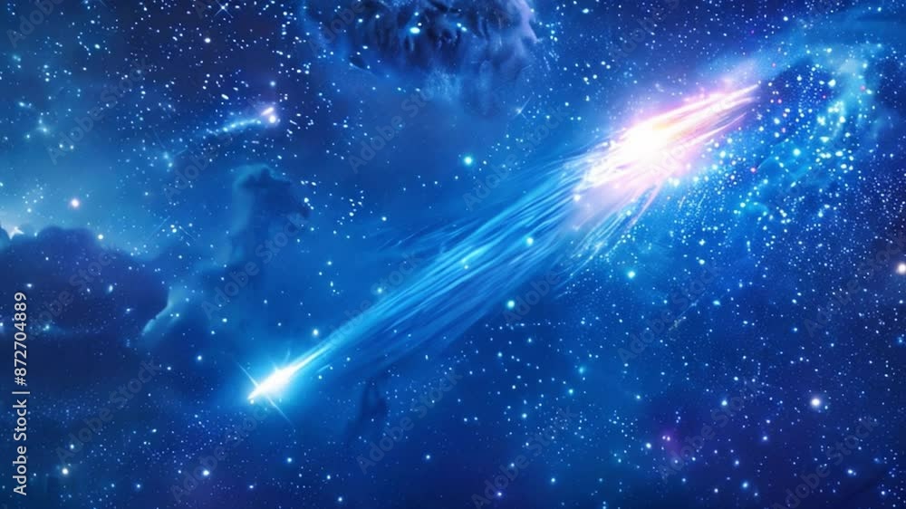Wall mural this comet streaks across a dark blue sky filled with stars. space background