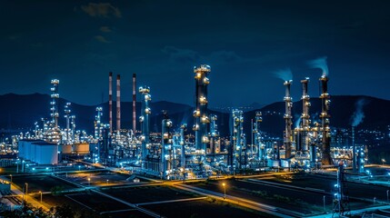 Illuminated oil refinery and tower of Petrochemical industry in petroleum sector.