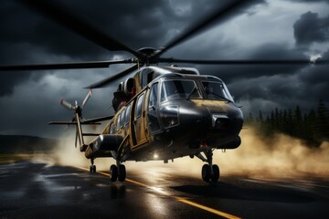Helicopter gracefully ascends from helipad into vast sky, majestic takeoff scene