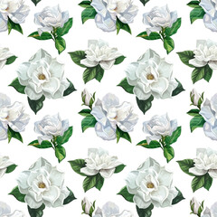Seamless pattern of white gardenia flowers with leaves on white background