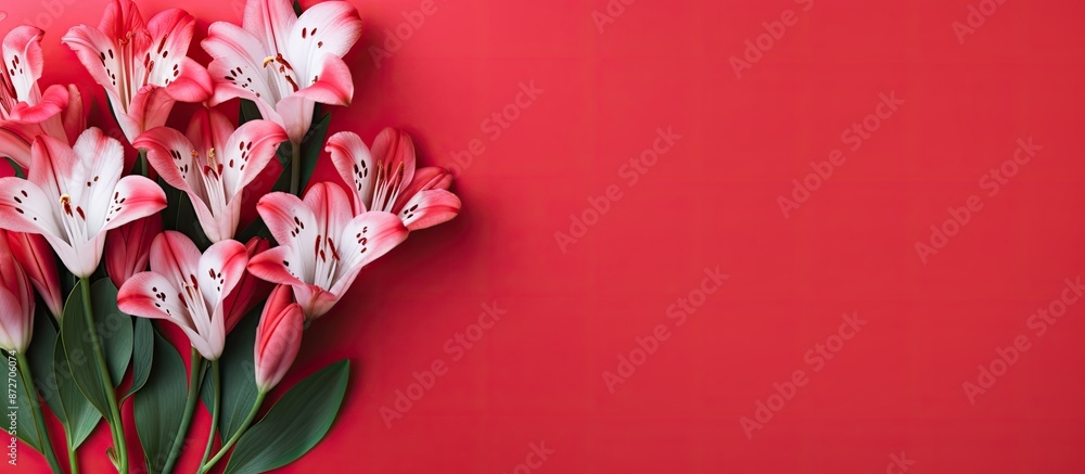 Poster Alstroemeria flowers with heart decorations on a red backdrop creating a romantic ambiance for Valentine's Day. Flat lay view emphasizing copy space image.