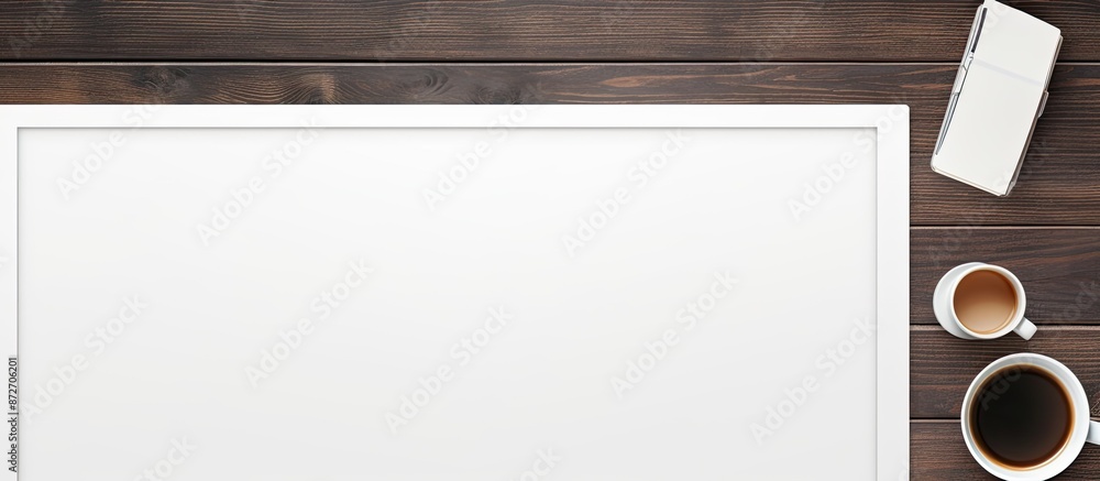 Poster a white wooden office desk with work tools, black coffee, and a blank board viewed from above with a