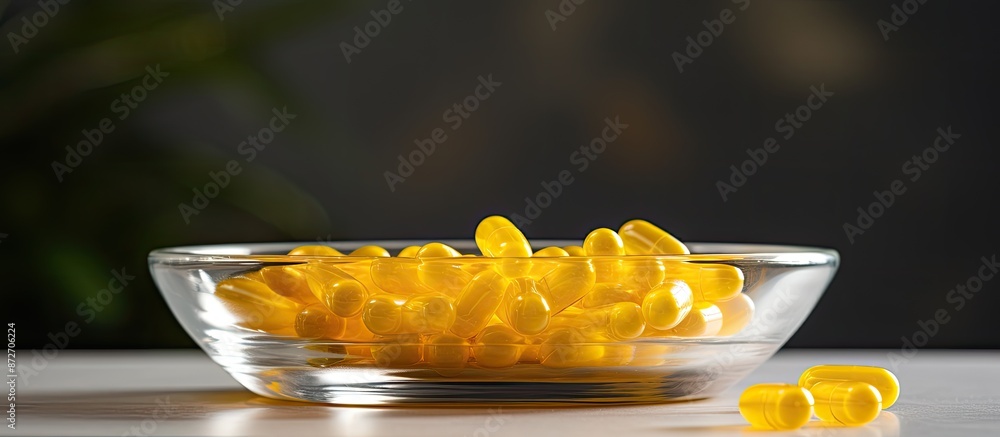 Poster a glass bowl holds yellow capsules containing vitamins a and e, along with capsules in blister packs