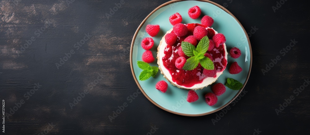 Poster top-down view of raspberry cheesecake on a plate with mint leaves, offering copy space image.