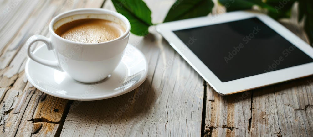 Aufkleber Office desk with a tablet PC placed next to a white coffee cup, showing an empty space for an image. with copy space image. Place for adding text or design