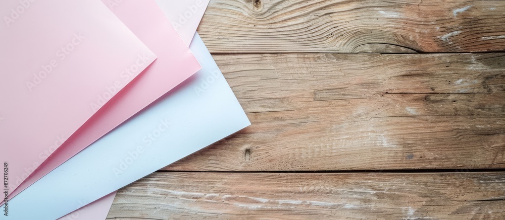 Poster Abstract white and pink paper sheets adorning a wooden table with a copy space image for text, serving as a creative background perfect for design or mock-ups.
