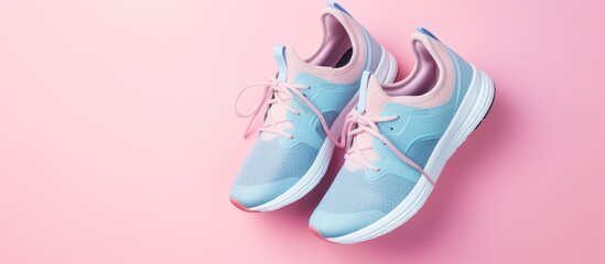 Fototapeta premium A pair of new sneakers set on a soft pink and blue pastel background with ample space alongside for additional imagery. Shot from above, showing a stylish perspective of the running shoes.