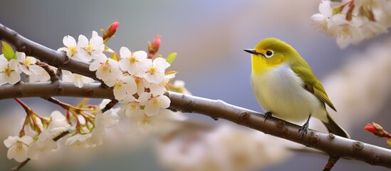 White-eye bird perched among delicate spring plum blossoms in a serene setting with a copy space image.