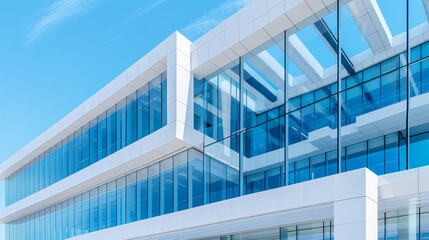Fototapeta premium A panoramic view of a contemporary office building featuring a frosted glass wall, perfectly placed in a busy business district. The hazy corporate office environment is accentuated by abstract