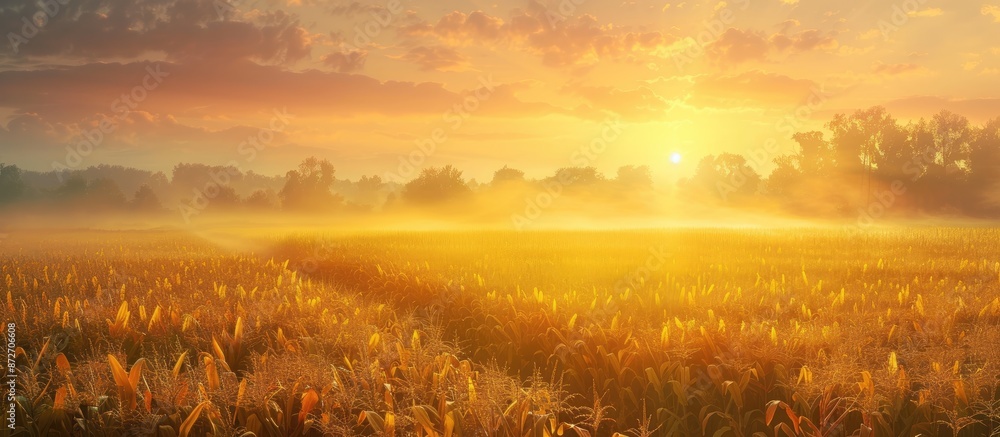 Poster beautiful morning sunrise over the corn field. copy space image. place for adding text or design