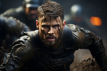 Professional football players in intense competition during a dynamic match on the field