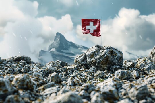 Flying Swiss banner on rugged terrain in honor of August 1st holiday message. 3D Illustration.