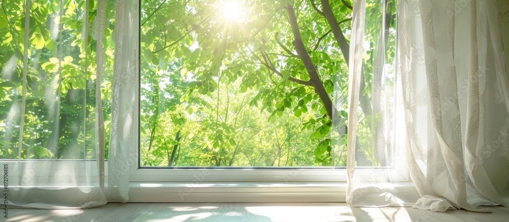 Aufkleber opened white plastic window at windowsill and lacy curtains against green trees under bright sunlight on summer day. with copy space image. Place for adding text or design