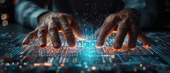 Business professional using an interactive digital table to brush up on their skills in AI and machine learning